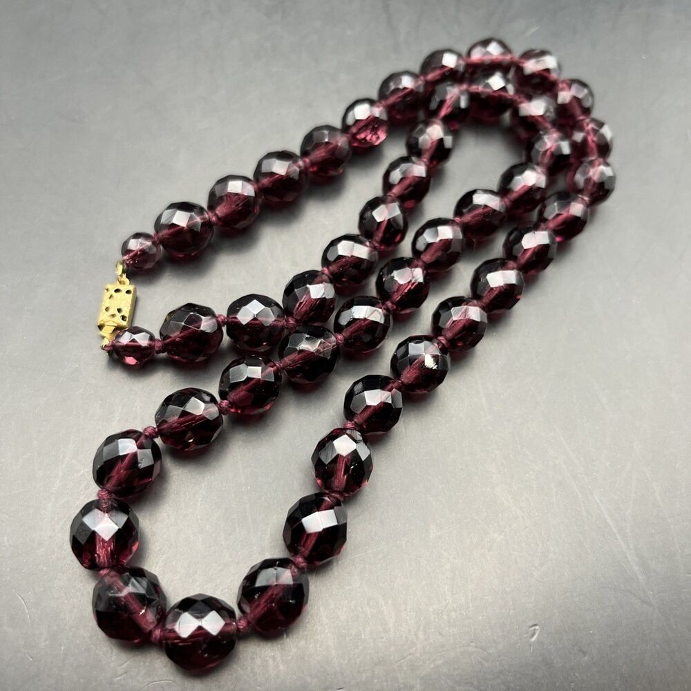 Purple Faceted Glass Bead Necklace Knotted Beaded Faux Amethyst 25” Inch Vintage